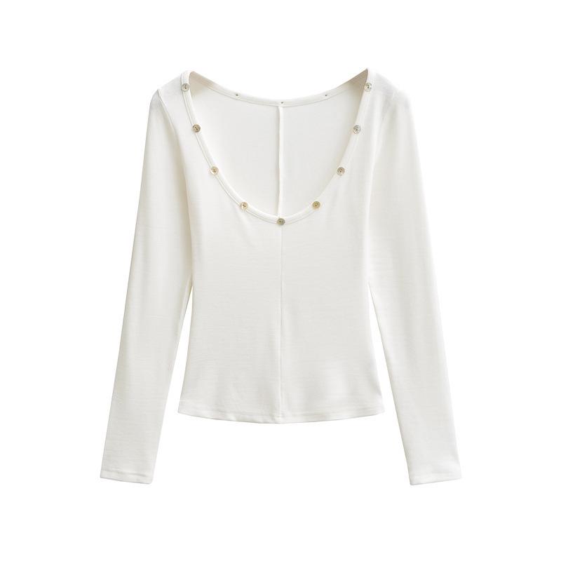 Spicy Girl Sexy Low Neck Long Sleeve T-shirt - Spring Stylish Slim Fit Solid Color Women's Top