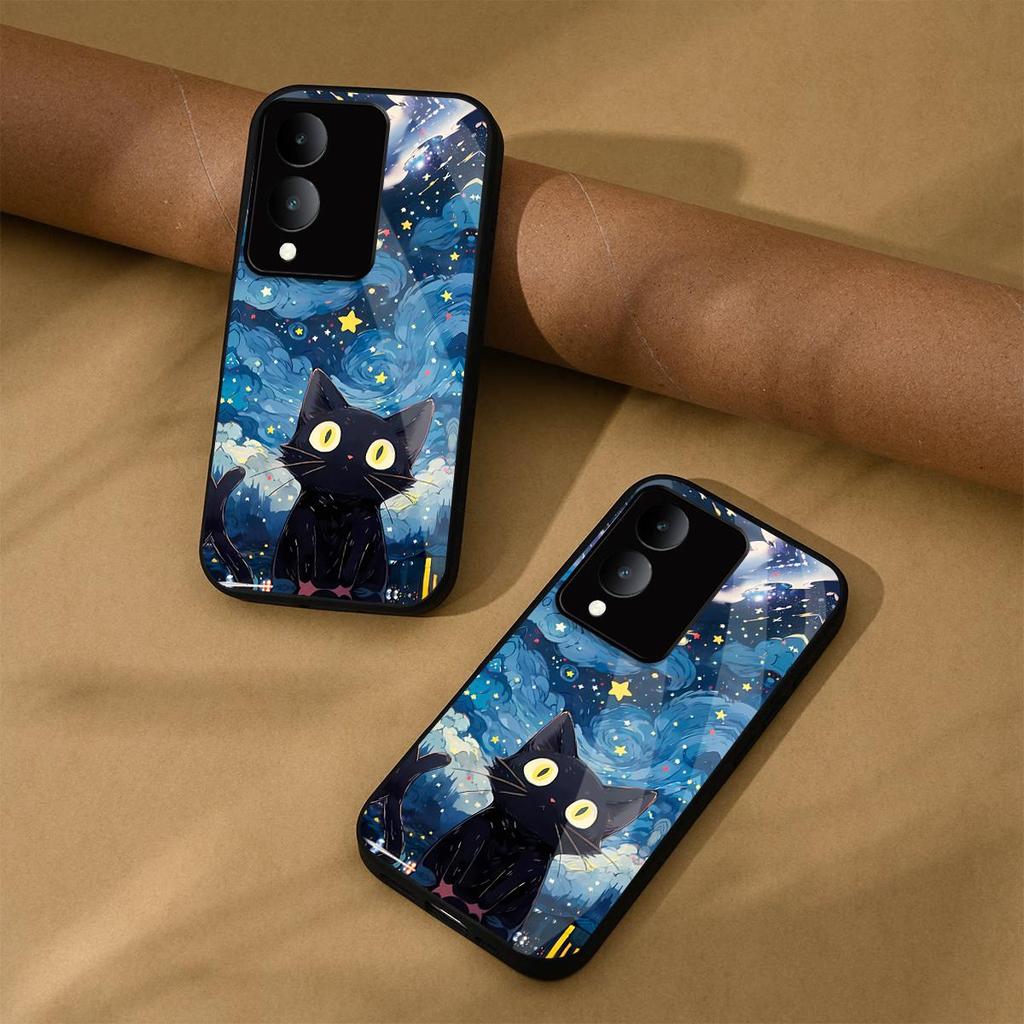 Case for Vivo Y17s Anime Black Cat Starry Cloud Print Phone Cover Acrylic Hard Back Shell With Flexible TPU Edge