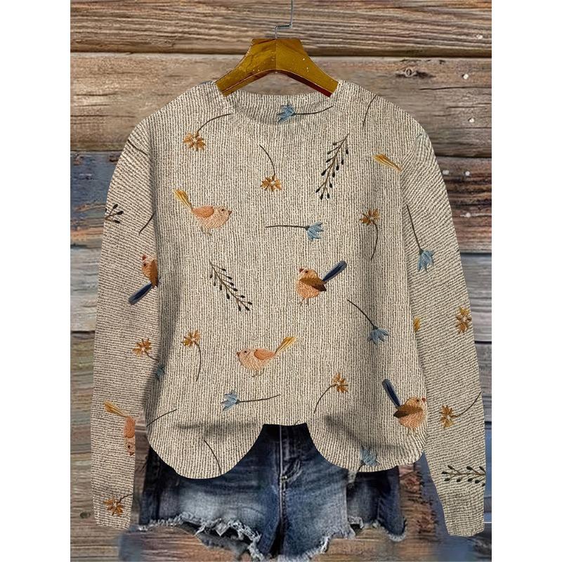 

Пуловер большого размера с принтом птиц, с круглым вырезом, элегантный, с длинным рукавом, осенне-весенний, новинка 2024, женская мода 5XL