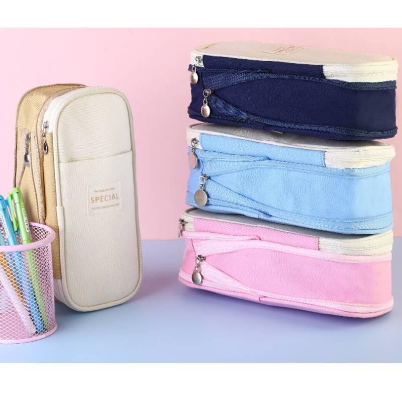 Stylish Macaron Color Canvas Expandable Large Capacity Pencil Case With Dual Zippers