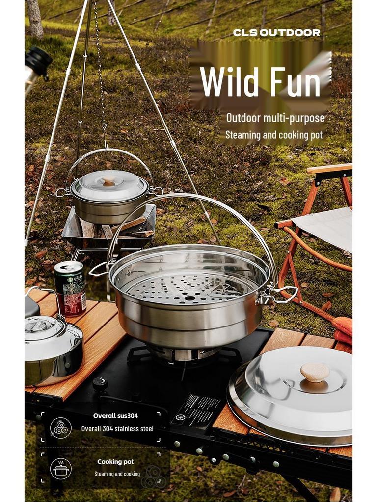 CLS 4.3L Stainless Steel Outdoor Steamer Pot - Portable for Rice, Noodles, Soup Cooking, with Steaming Basket