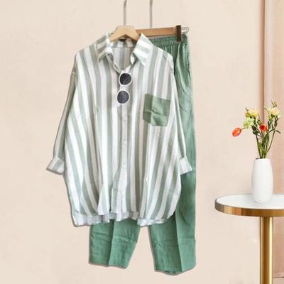 Conjunto de 2 piezas de camisa y pantalones para mujer, conjunto de blusa con solapa y mangas largas con bolsillos en el pecho y estampado de rayas a juego de colores, conjunto de pantalones holgados con cintura elástica