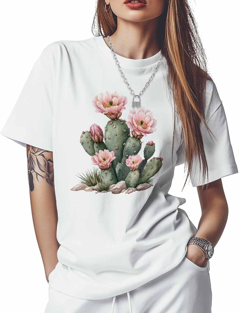 T Shirts for Women Graphic Tees Cactus Crew Neck Short Sleeve Shirts for Women Pink Floral Casual T-Shirt