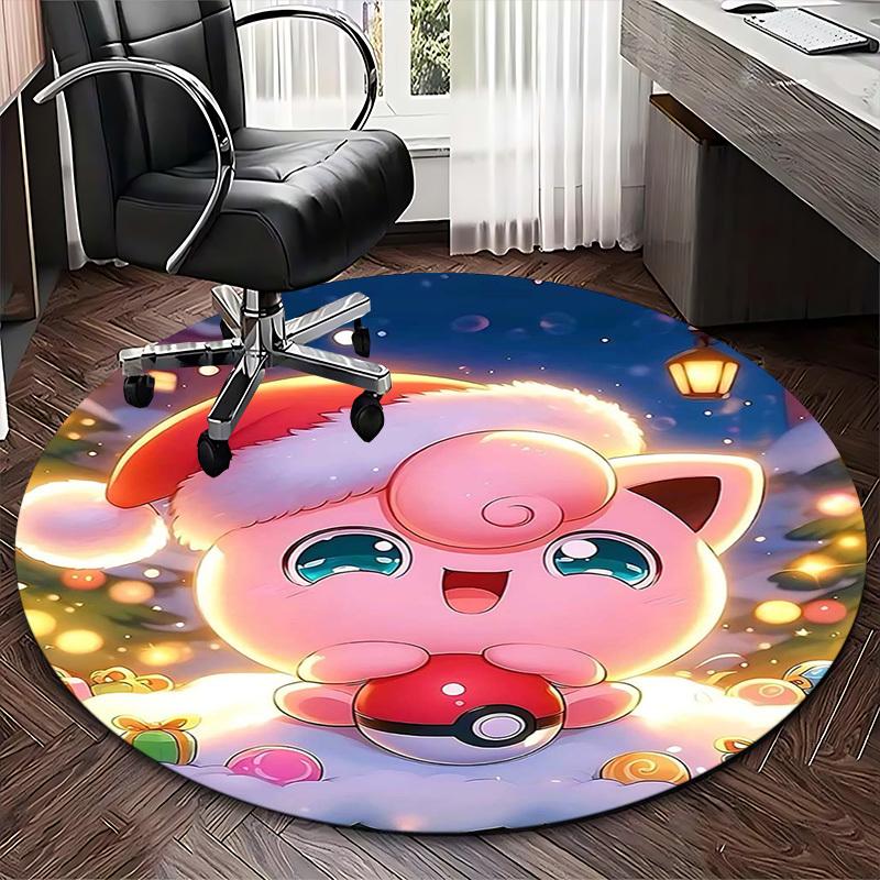 1pc Christmas Jigglypuff Pokémon Round Carpet - Anime Design, Holiday Gift, Office Chair Mat, Non-Slip Rug for Home Decor, Living Room