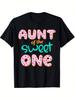 Aunt of The Sweet One Donut Graphic T-Shirt for Women, Featuring a Black Short Sleeve Design Perfect for Casual Summer W