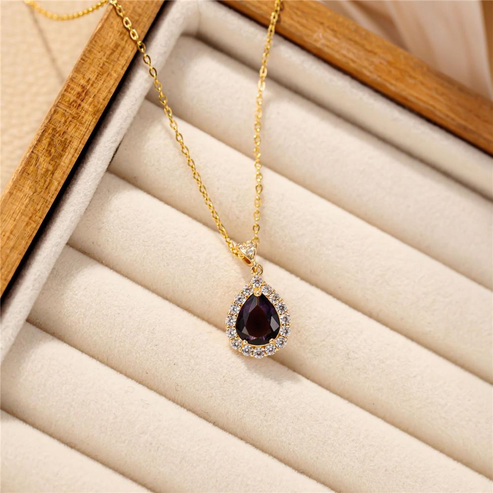 Female Crystal White Pink Green Purple Zircon Stone Water Drop Pendant Necklace Vintage Gold Color Wedding Jewelry For Women