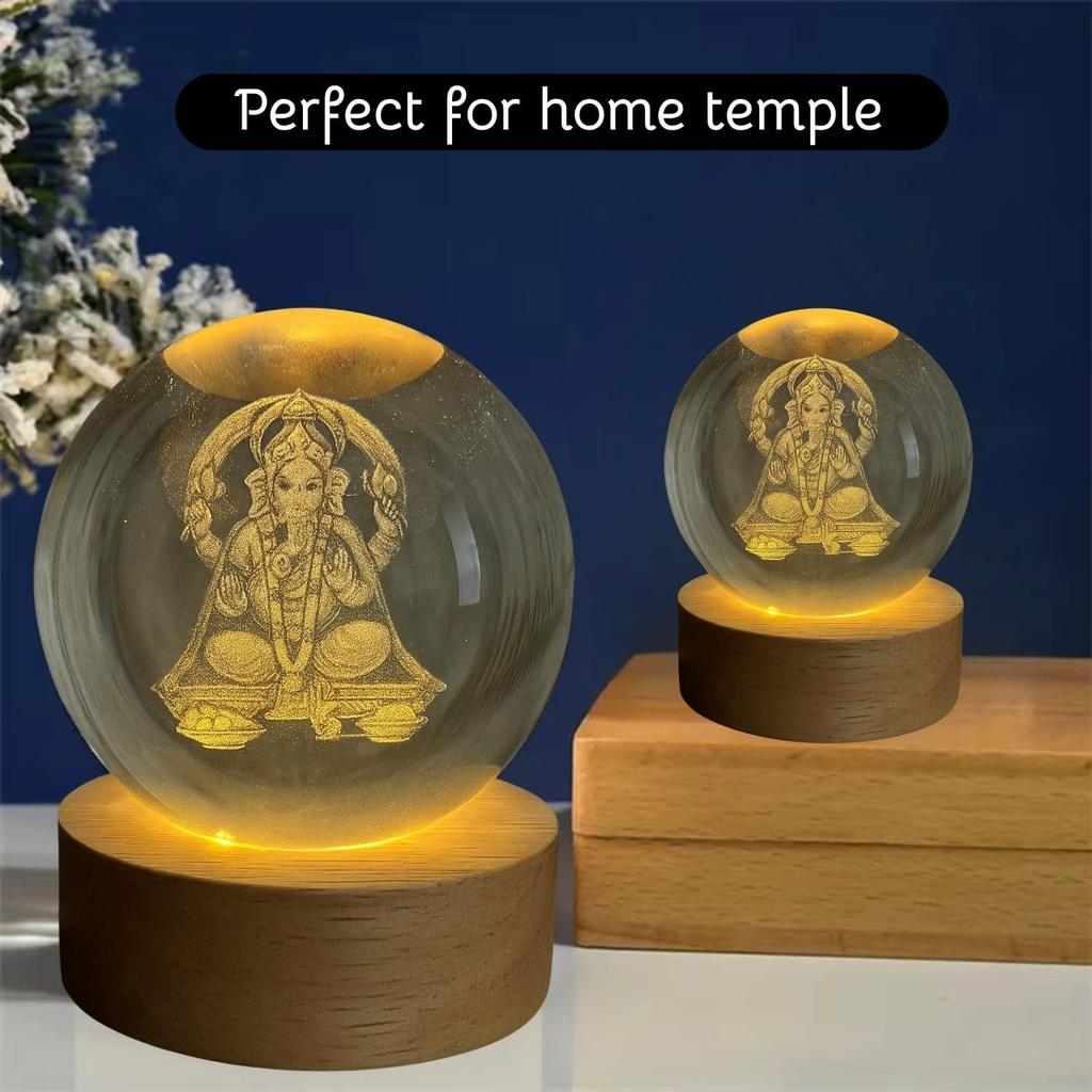 Crystal Ball Night Lamp – Engraved Ganesh Ji LED Light, USB-Powered Table Lamp with Wooden Base, Romantic Home & Office Décor, Bedroom, Anniversary