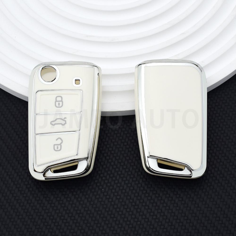 TPU Opvouwbare Autosleutelhoes Cover Voor Volkswagen Golf 7 Mk7 Tiguan Mk2 T-Roc T-Cross Skoda Octavia Kodiaq Karoq Seat Ateca Sleuteletui white