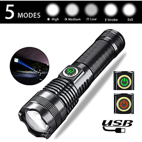 USB Rechargeable Ultra Bright XHP70 8000 Lumens LED Torch 5 Modes for Outdoor Emergencies Flashlight, Flashlight, Light, Zoomable, Waterproof, Hiking,