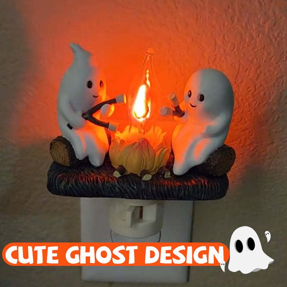 2025 Ghost Campfire Flickering Nightlight 2 Ghosts Roasting Plug Wall Spooky Fire Marshmallow Night Light for Halloween Decor