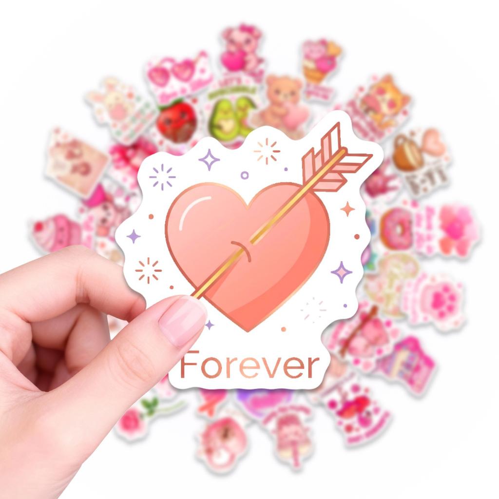 50 Cute Cartoon Stickers Valentine'S Day Waterproof Decorative Stickers Cartoon Animals Strawberry Chocolate Love Stickers
