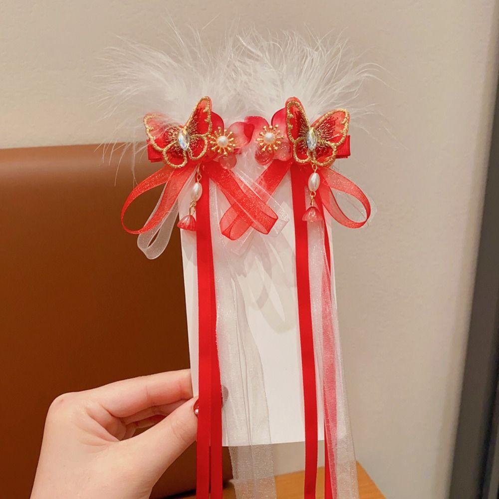

Лента китайский новогодний головной убор перо ханьфу шпилька детская красная шпилька аксессуары для волос для девочек F