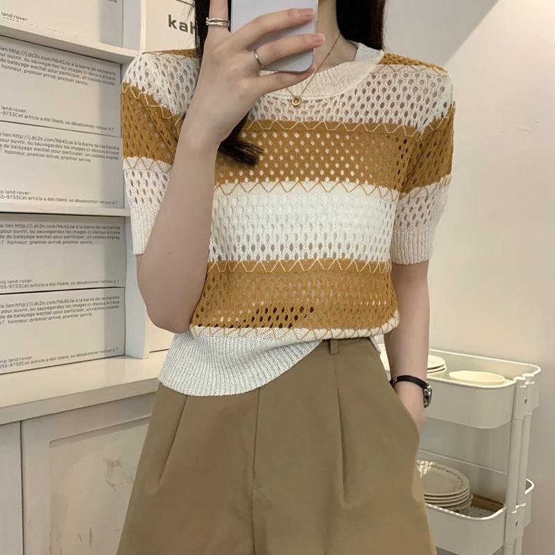 Retro Striped Knitted Short-sleeved Blouse Cap Sleeves Round Neck Ladies Sweater Woman Fashion Clothing