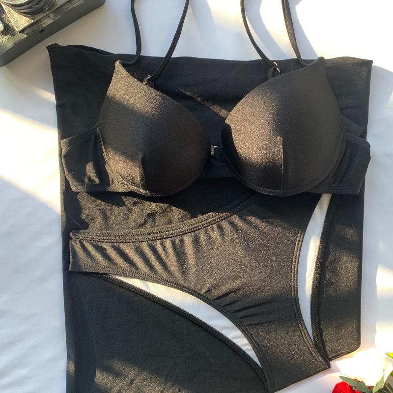

Сексуальный женский купальник, сплошной цвет, пуш-ап, бикини из трех частей, бразильская пляжная одежда, купальные костюмы S чёрный