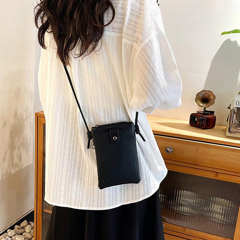 Solid Color Phone Bag PU Leather Simple Style Diagonal Cross Bag Compact Design Double-Layer Shoulder Bag Casual Outing