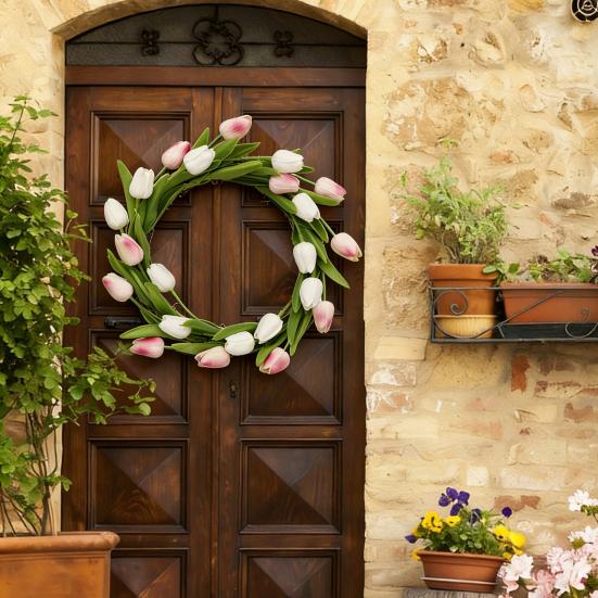 Artificial Tulip Wreath with Vine Base Lifelike Floral Door Wall Hanging Decor for Home Garden Party Fade-Resistant Reusable Spring Home Decoration