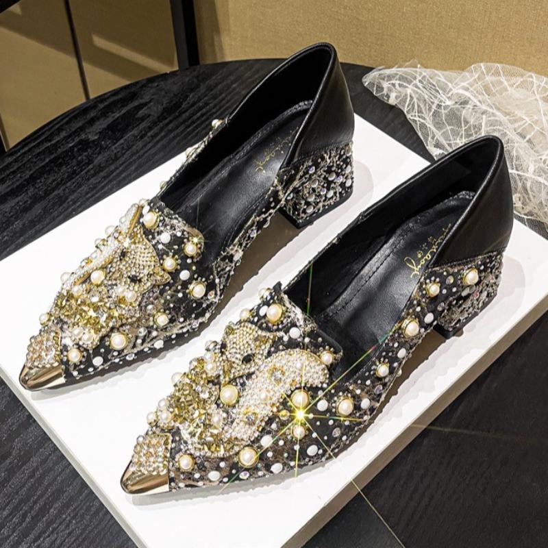 Mocassins Pointus Strass pour Femmes Élégant Tempérament Chaussures Simples Fait Main Talons Hauts Talons Épais Chaussures pour Femmes Zapatos Mujer