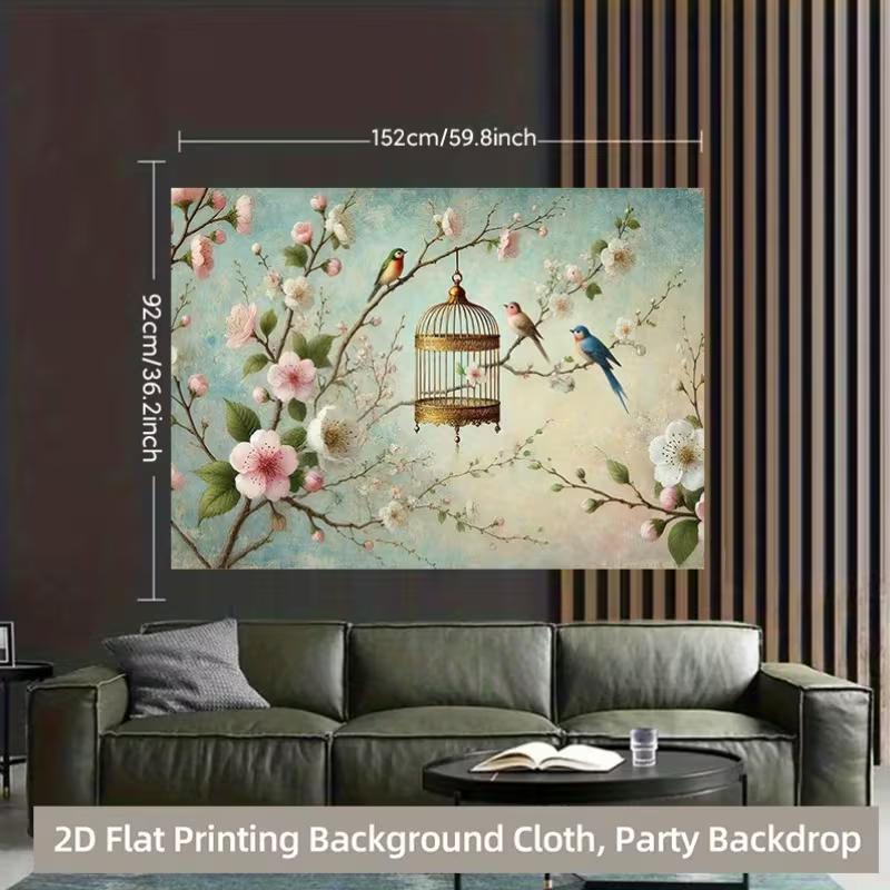 Bird and Blossom Tapestry, Vintage Birdcage Background Cloth, Home Decor