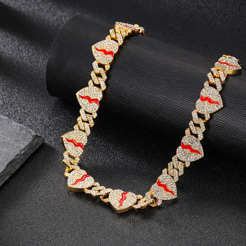 Hip Hop Broken Love Heart Rhombus Cuban Chain Bracelet Men Women 12mm Iced Out Alloy Inlaid Rhinestone Necklaces Fashion Jewelry