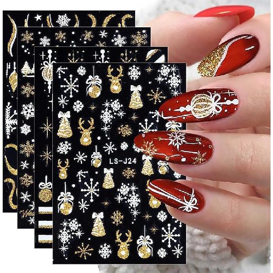 4 Sheets Christmas Nail Stickers for Nail Art 3D Self-Adhesive White Snowflake Nail Art Stickers Winter Xmas Tree Elk Design French Tip Nail Decals