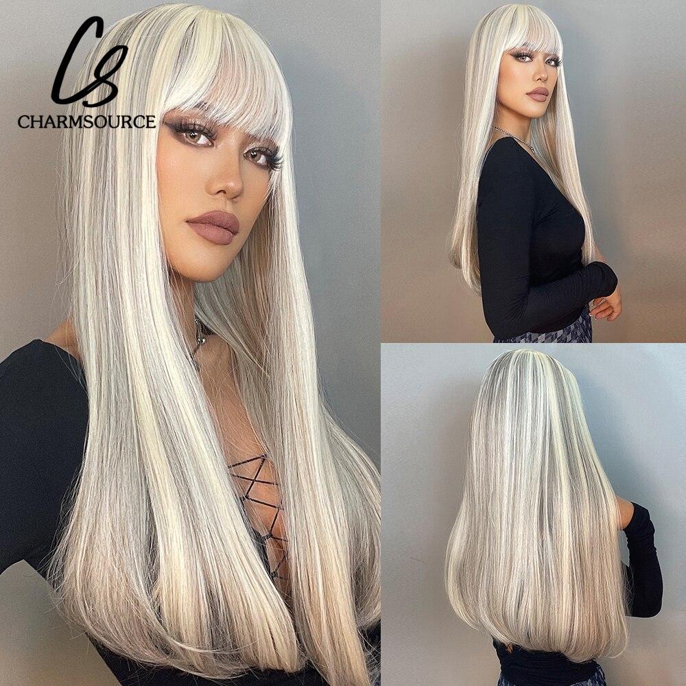 White Platinum Blond Wigs for Woman Long Straight Wavy Wig with Bangs Daily Party Heat Resistant Fiber Synthetic Hair