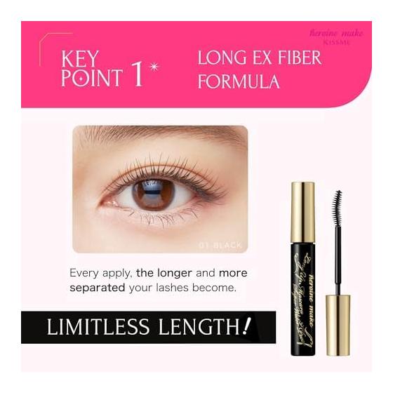 Heroine Make Long UP Mascara Super WP 01 Black 6g Voděodolné složení odolné proti slzám, potu, vodě, kožnímu mazu a oděru
