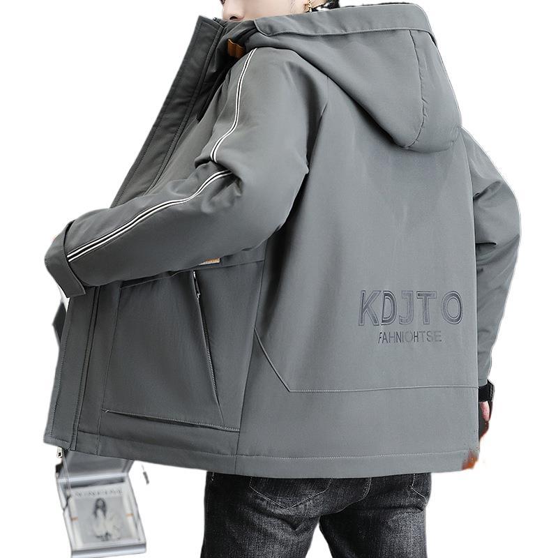 Tooling jacket men's autumn and winter fleece thickened handsome hooded jacket trendy windproof casual teen pie overcome