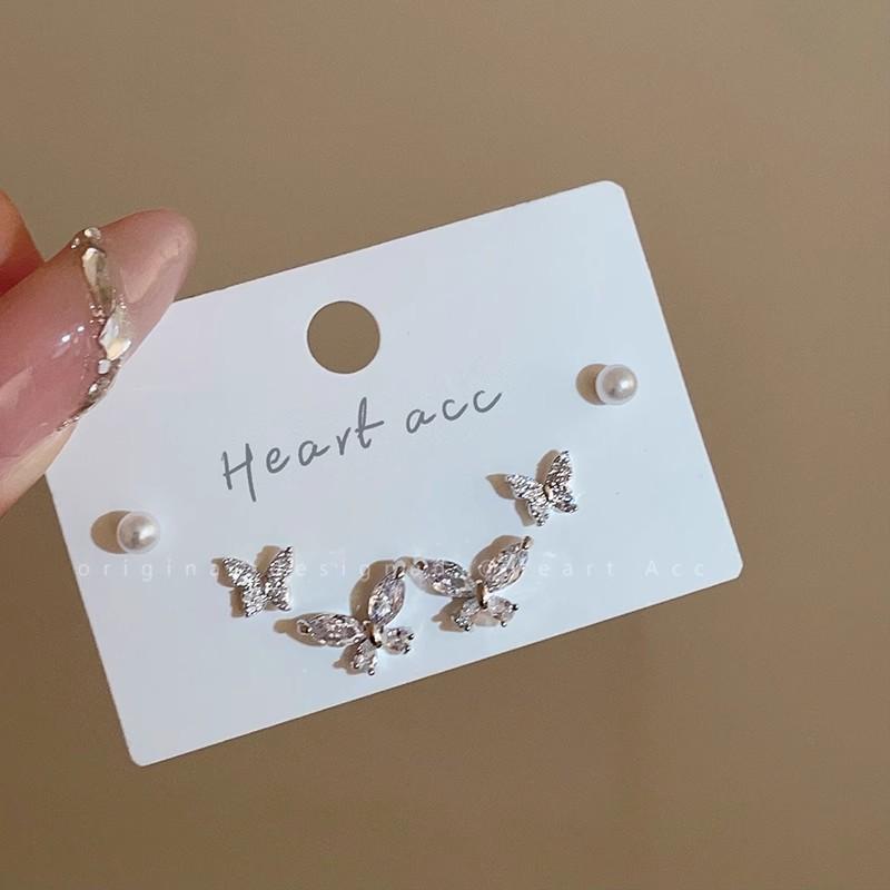 925 Silver Needle Butterfly Zircon Pearl Set Earrings, Earbone Stacks, Ear Jewelry Earrings