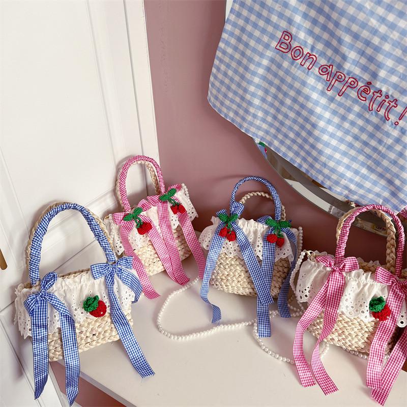 Charming Breathable Straw Woven Kids Crossbody Bag In Cute Strawberry And Cherry Styles