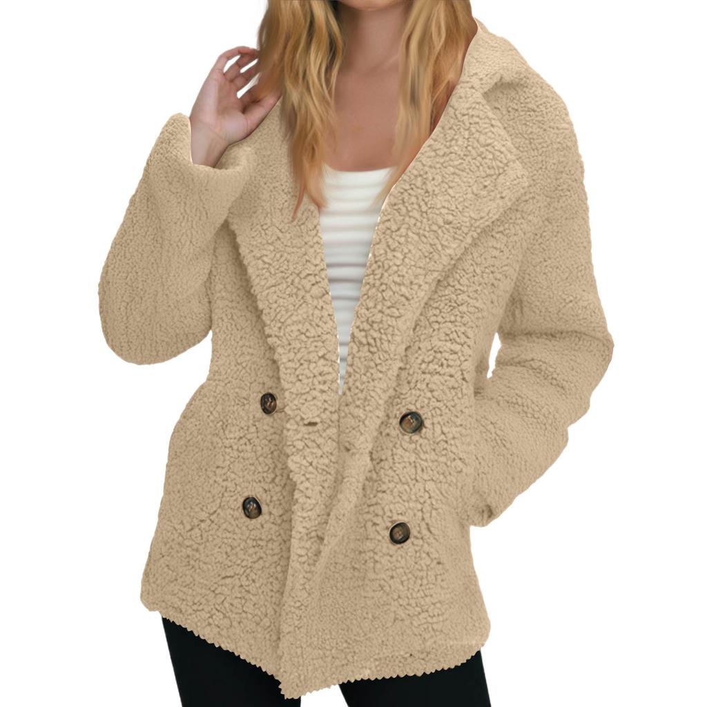 Women's Winter Coat Fleece Lined Jacket Long Sleeve Horn Button Plush Warm Coat