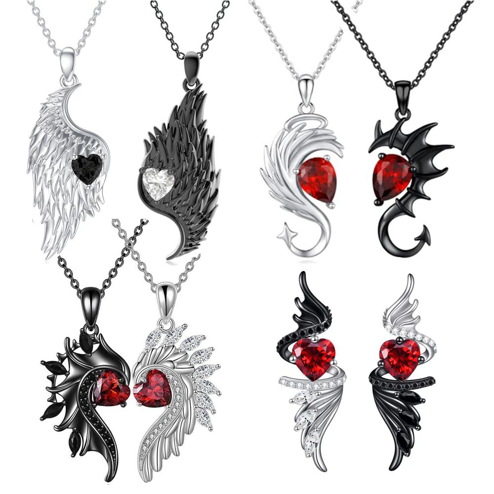 New Black and White Color Heart Angel Devil Wings Pendant Necklace Earrings Unique Fashion Gothic Valentine's Day Jewelry Gift