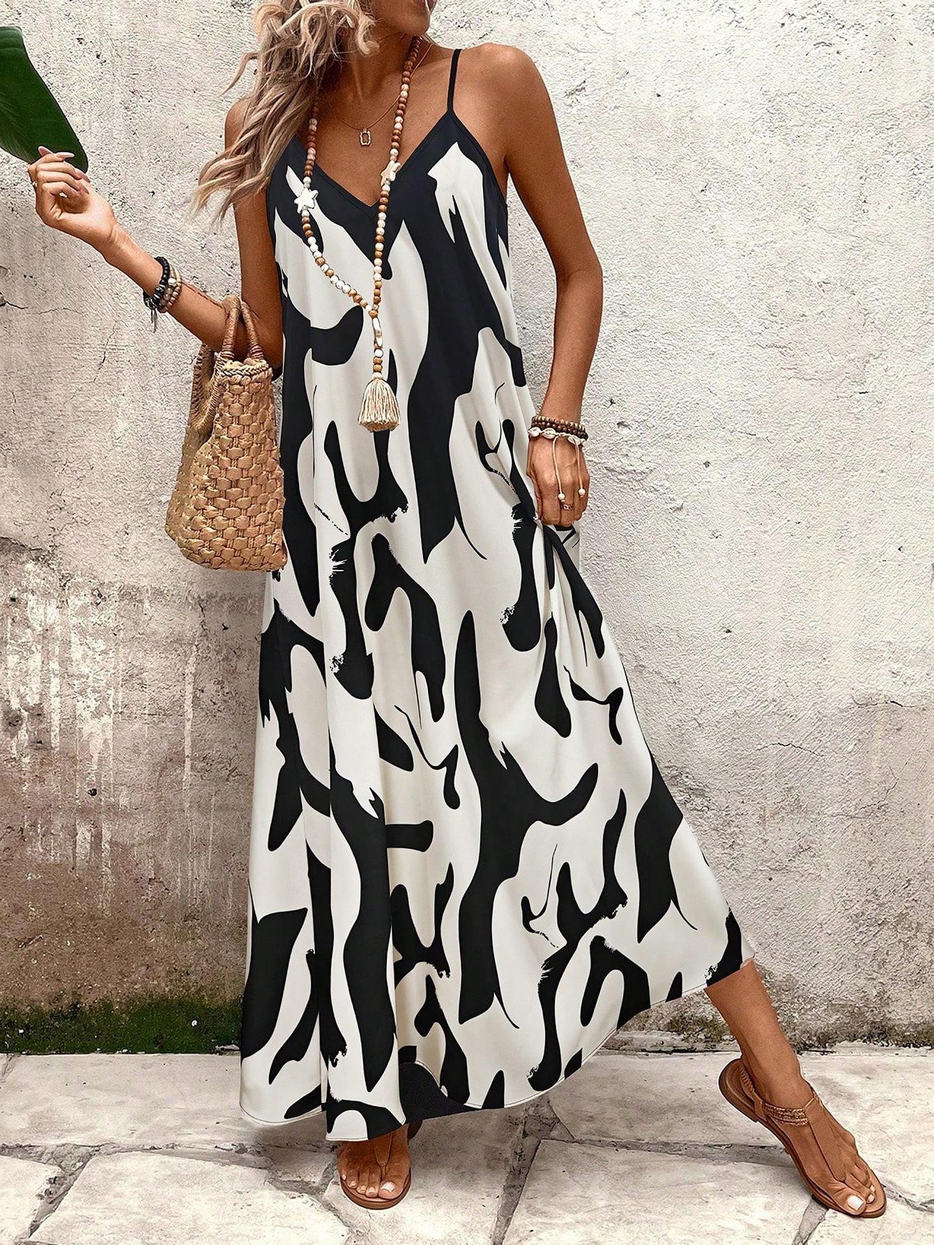 

2026 Women s European & American V-neck Strappy Dress – Slim-Fit Printed Vacation Style XXL