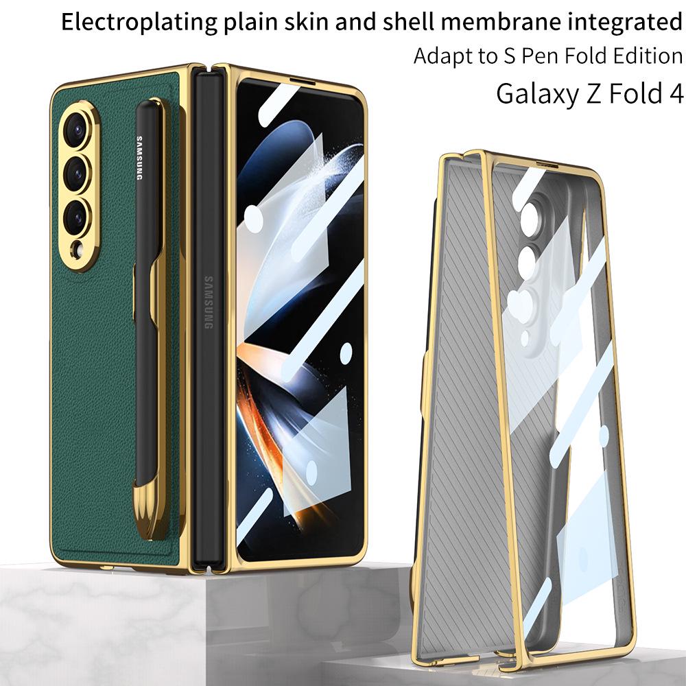 Samsung Z Fold 4 Pen Slot Leather Phone Case with Electroplated Finish and Camera Protection