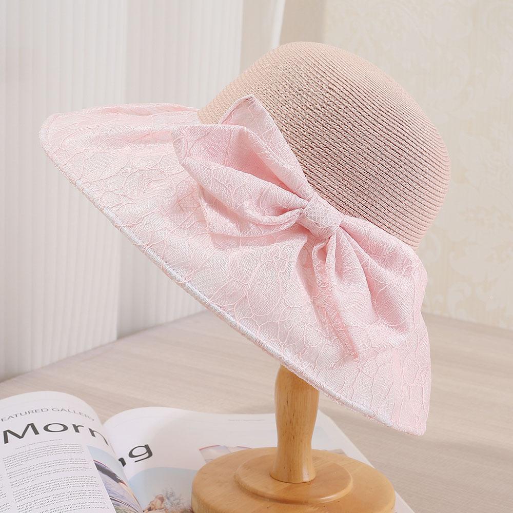 Big eaves sunshade summer fashion lace bow bucket hat women's simple and elegant sunscreen face covering straw sun hat