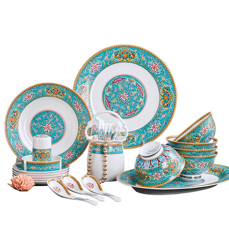 LISM European Style Blue Enamel 60-Piece Ceramic Dinnerware Set