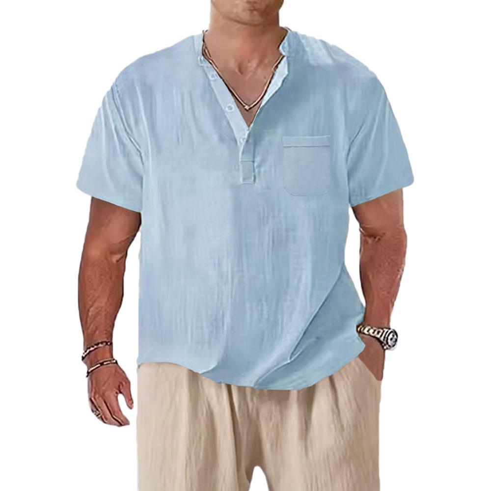 

Літня Нова Чоловіча Бавовняно-Лляна Футболка з Коротким Рукавом, Хенлі-Виріз, Повсякденна, Легка, Дихаюча, Однотонна, Топи, Базова Футболка XXXL небо синє кольору