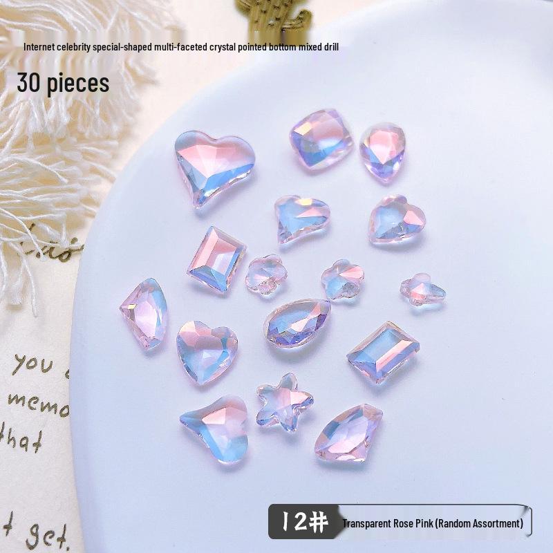 30-Piece Nail Art Crystal Rhinestones Set: Shiny Butterfly, Square, Asymmetrical Peach Heart Shapes