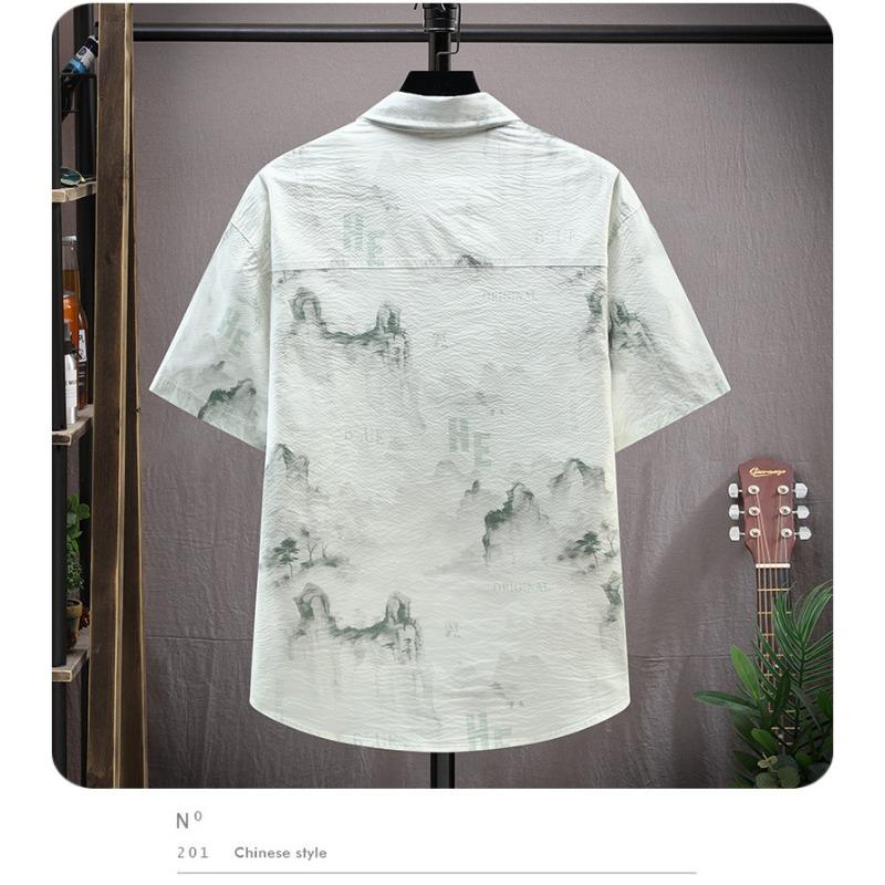 Summer Men Chinese Style Ink Wash Print Shirt Casual Short Sleeve Top