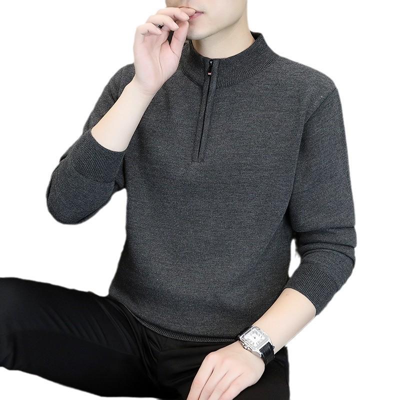 Men's Fleece-Lined Half-Zip Stand Collar Sweater - Solid Color Warm Autumn/Winter Base Layer Jacket