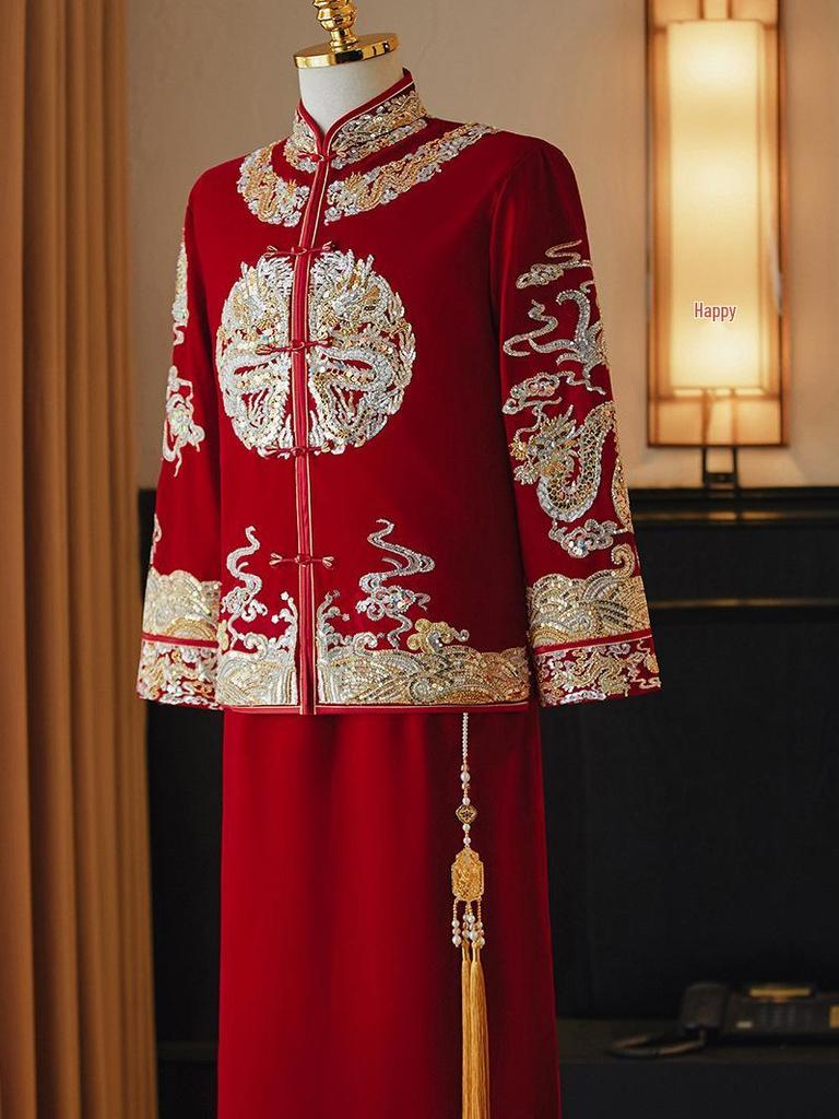 Herren 2024 Xiuhe Samt Hochzeitsanzug: Chinesisches Bräutigam Drachen & Phönix Gewand, Übergröße verfügbar