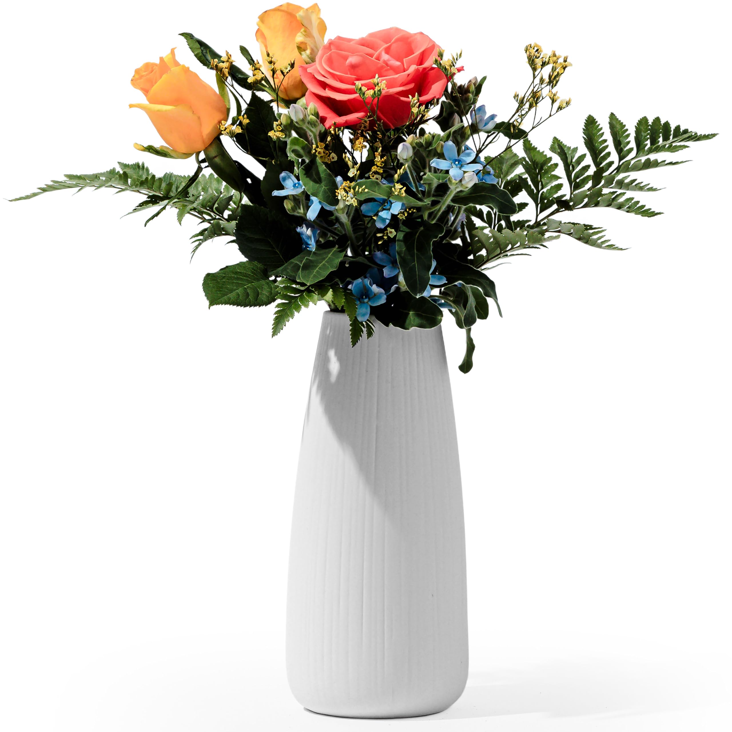 

Glanz Design Stylish White Flower Vase, 22cm, Ceramic, Elegant, Large, High-Quality, Simple Striped Design, Stylish Flower Vase for Interior