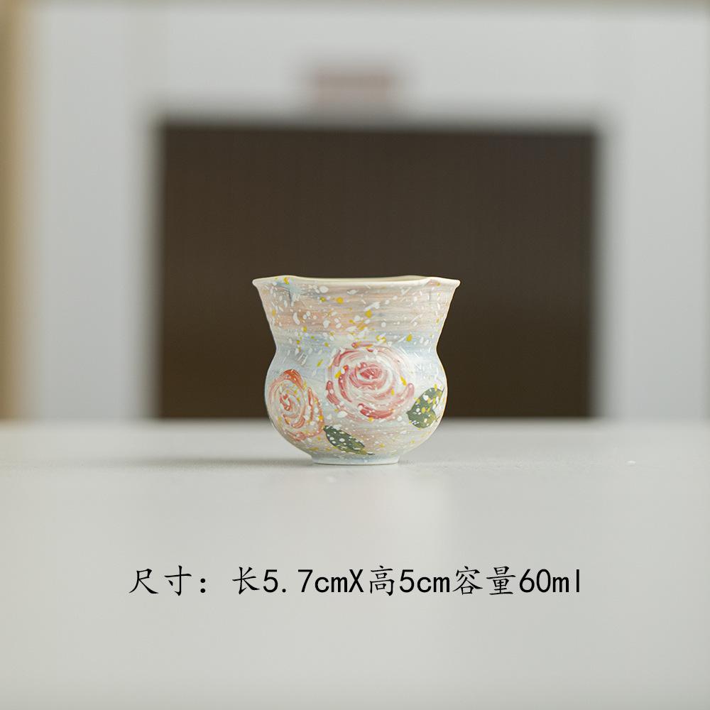 

Powder Yin Hand-painted Rose With Coaster Teacup Zen Tea Bowl Mug Tea-tasting Smelling Cup Jianzhan Master Cups Cha Decoration