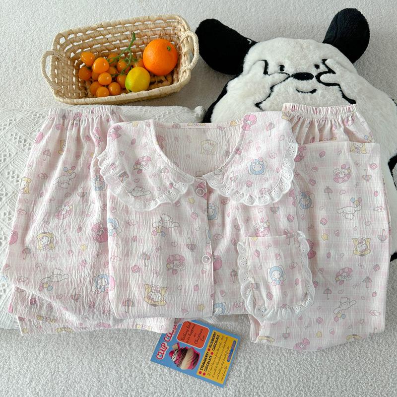 Cloud Cotton Pajamas Women'S Summer Short Sleeves Cute Cartoon Doll Collar Loungewear Three-Piece Set