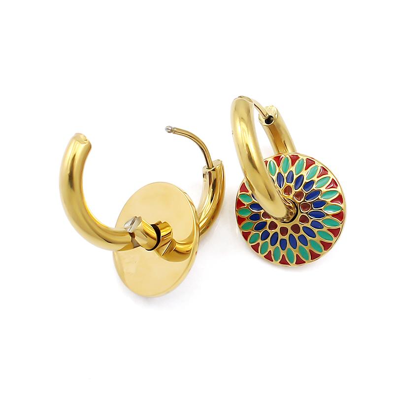 Ethnic Fashion Stainless Steel Hoop Earring Enameled Colorful Round Drop Earring Bohemia Gold Plated Tiny Hoop Earring