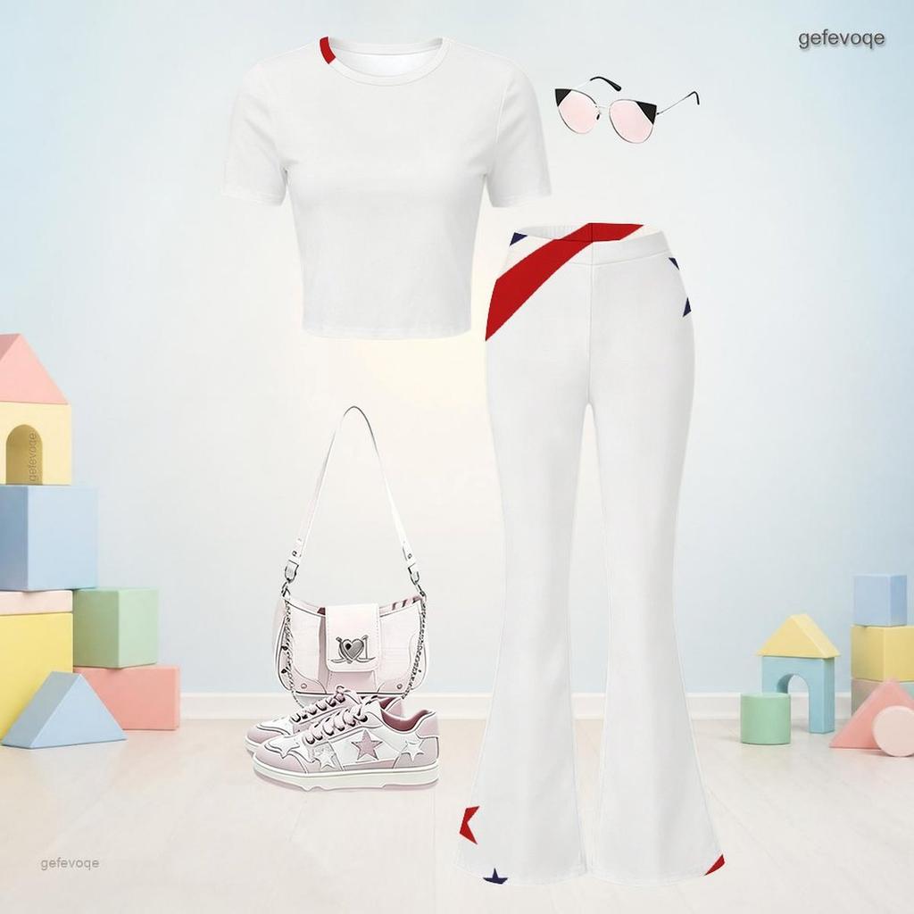 Girls White Round Neck Short Sleeve Star Printed Top Flared Pants Two Piece Set