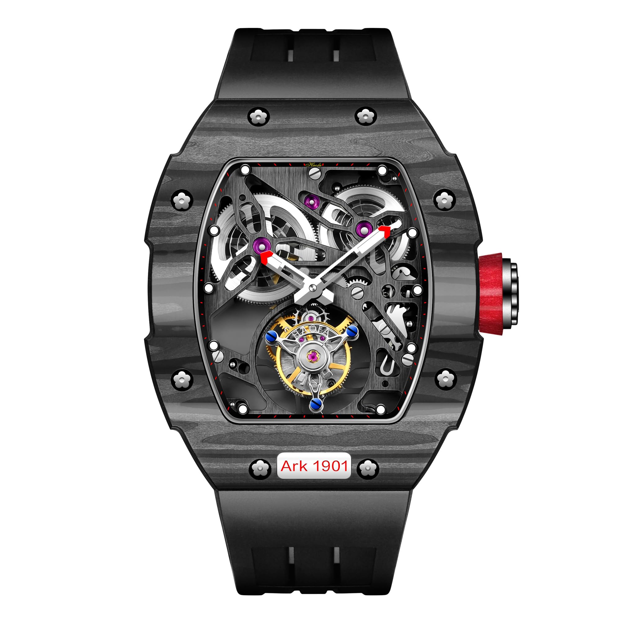 

HAOFA Tourbillon Watch Mechanical Manual Winding Carbon Fiber Skeleton Watch Sports Watch Double Drive Barrel Shape Tonneau Shape Business Fashion чорний