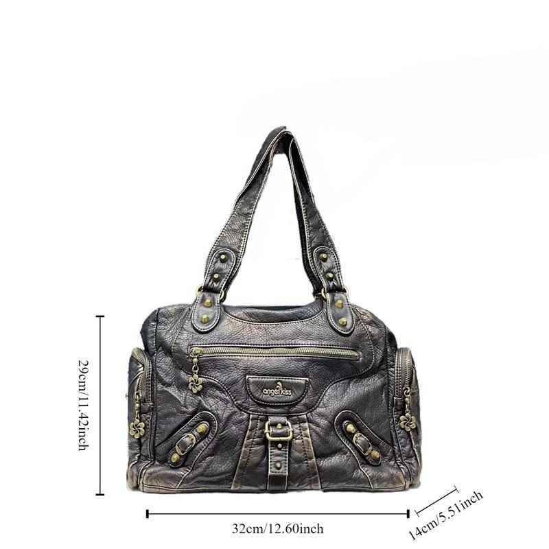 Y2K Spice Girl Washed Multi-Pocket Locomotive Bag Large Capacity Trend Shoulder Bag