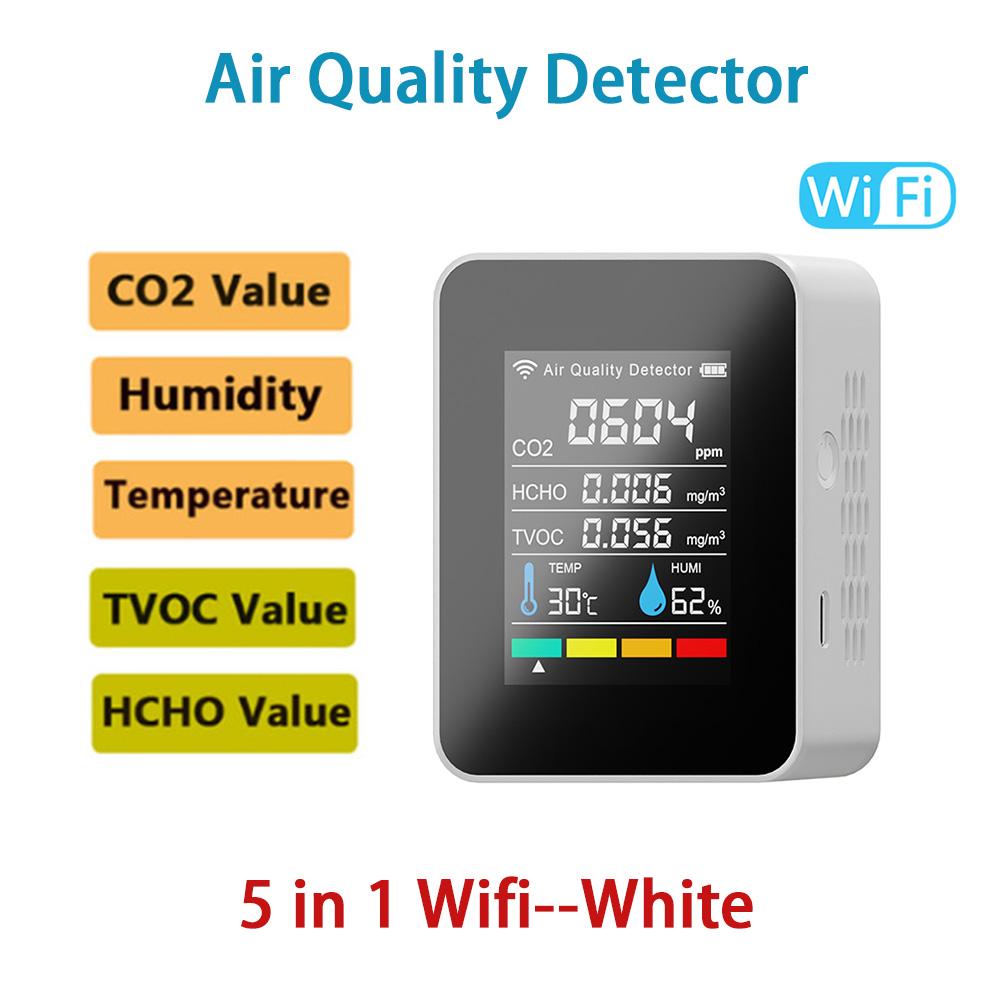 5 in 1 Air Quality Monitor CO2 Meter Carbon Dioxide Detector Formaldehyde TVOC HCHO Temperature Humidity Detection Smart Home