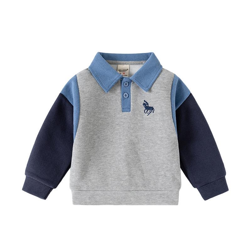 Boys Sweatshirt Jacket Spring Autumn Color Block Patchwork Long Sleeve Embroidered Collar Top for Kids