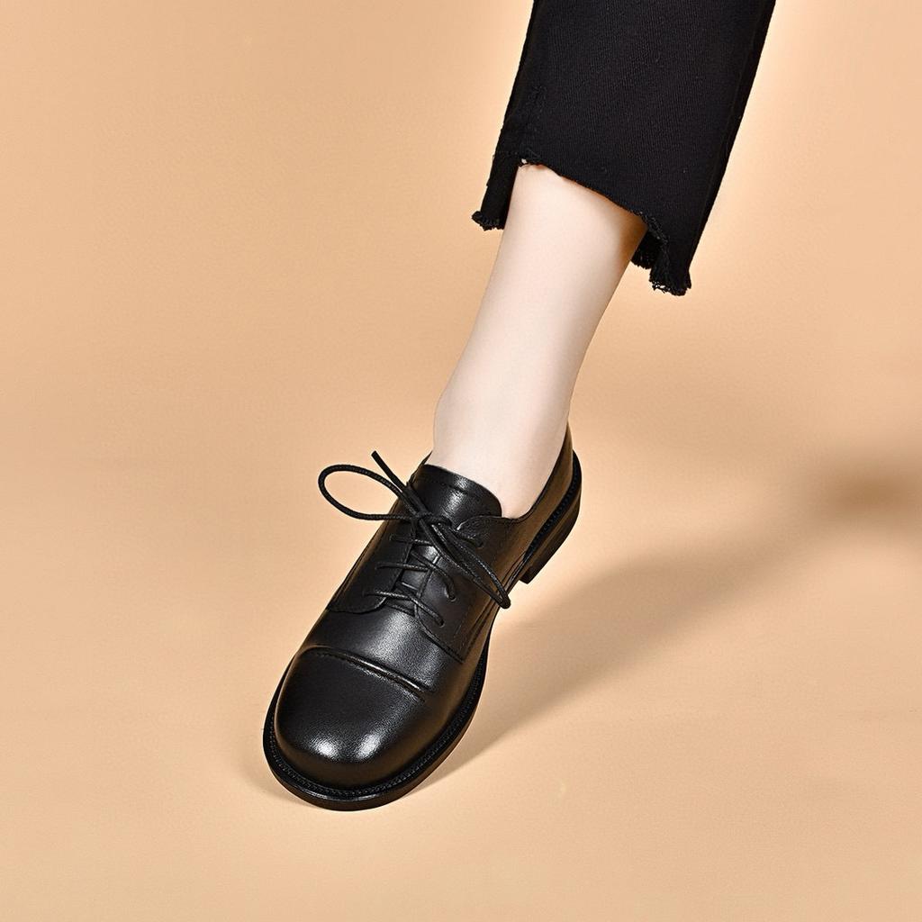 Small leather shoes women's new lace-up flat shoes first layer cowhide college style women's style